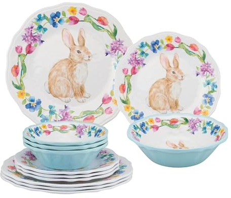 UPware 12 Piece Floral Bunny Melamine Dinnerware Sets, Outdoor Dishes Set, Plates and Bowls Sets, Easter Decorations, Service for 4, Multicolor
