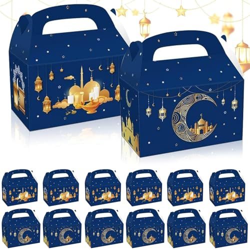 Zkaoai Eid Mubarak Geschenkboxen, 12 Stück Ramadan Geschenkschachteln, Eid Mubarak Geschenktüten, Ramadan Papiertüten, Ramadan Geschenktüten, Geschenktaschen für Ramadan Süßigkeiten Verpackung