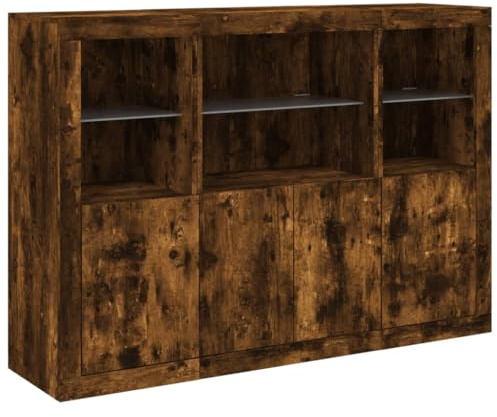 vidaXL Sideboard 3 STK., Kommode mit viel Stauraum, Highboard Schrank mit LED-Leuchten, Anrichte Beistellschrank Standschrank, Modern, Räuchereiche Holzwerkstoff