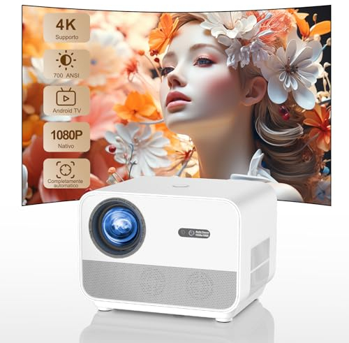 Proiettore【Auto Focus/Keystone & Android TV】1080P Full HD 700 ANSI, Proiettore 4K con Bluetooth e WIFI, FunFlix A1 Videoproiettore Zoom &300 per Home Theater per Smartphone/TV Stick/PS5/HDMI/USB