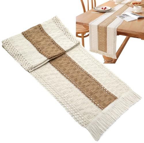 Table Runner, Natural Hessian Dining Table Runner with Tassels Rustic Style Cotton Linen Made Fireplace Mantle Centrepiece Decoration Home Holiday Party Decor 30cm/12inch Width (S2, 180cm/72in)