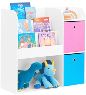 SoBuy Kinder Bücherregal Kinderregal mit 5 Ablagefächern und 2 Stoffboxen Spielzeugregal Aufbewahrungsregal für Kinder Spielzeug-Organizer Weiß BHT ca. 89x87x35cm KMB37-F