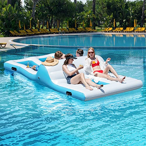 GYMAX Inflatable Floating Island, 4-6 Person Giant Inflatable Float Raft with Ice Chest & 4 Cup Holders, Lounge & Wading Combo Electric Air Pump Included, 366 x 201 x 60cm