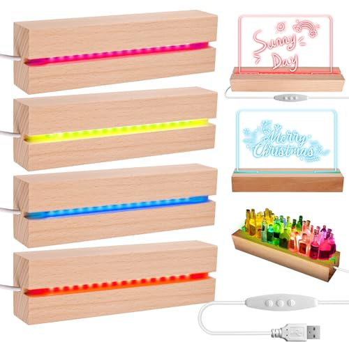 Base de madera LED, 4 unidades, base de pantalla LED, base de luz USB, base de madera iluminada rectangular, para placas acrílicas, placa de cristal (blanco cálido, 30 cm)