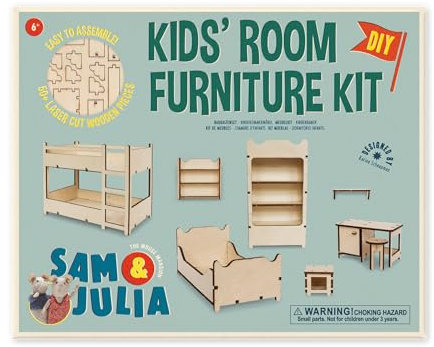 Sam & Julia - Bausatz Kinderzimmer – Puppen-Möbel 1/12 für Puppenhaus oder Puppenstube zum selber basteln – Bastel-Set mit: Etagenbett, Bücherkast, Bett, Schreibtischund Beistelltisch