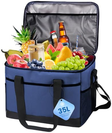 L.StarryIsland Bolsa Nevera Plegable de 35 L, Nevera Portatil Tela, Nevera Camping, Nevera Portatil de 60 Can para Bebidas, Nevera Playa para Picnics, Camping, Senderismo, Viajes, Compras (Azul)