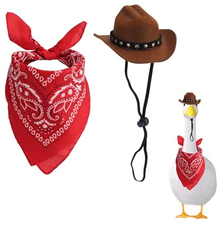 Tinoaly Western Cowboy Veranda Gans Outfits, Lustig Gänsekostüm Zement Gans Kostüm mit Hut und Bandana Schal Garten Hof Dekoration für 43,18cm & 58,42cm Rasen Statuen