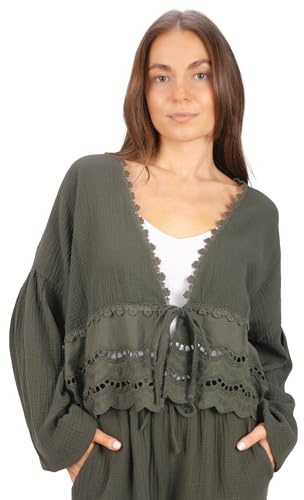 Musselin Bluse mit Bordüre zum Binden, Spitze & Bindeband – im Boho Stil Frühling/Sommer - Laura