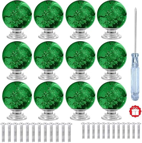 ANJUU 12 Pcs 30mm Round Shape Bubble Crystal Glass Cabinet Knobs with Screws Drawer Knob Pull Handle Used for Kitchen, Dresser, Door, Cupboard (Dark Green)