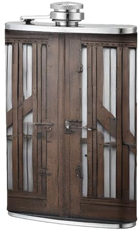 Leakproof 8oz Stainless Steel Flask for Men & Women, Rustic Wooden Door Whiskey Flask, Slim Pocket PU Leather Travel Liquor Bottle for Hunting Camping, Portable Outdoor Liquor Container for Hiking