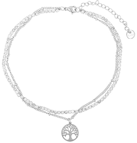 Akzent Chaîne de cheville pour femme en acier inoxydable - 2 rangées - 24 + 5 cm - Réglable - Bracelet de cheville avec pierres en simili et pendentif au choix - Arbre de vie ou étoile de mer