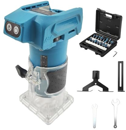 Défonceuse sans fil compatible avec batterie Makita 18 V (sans batterie), tondeuse à bois sans balais de 800 W avec 10 000 à 30 000 tr/min, 5 vitesses, guide droit et 15 embouts de fraisage, fraise