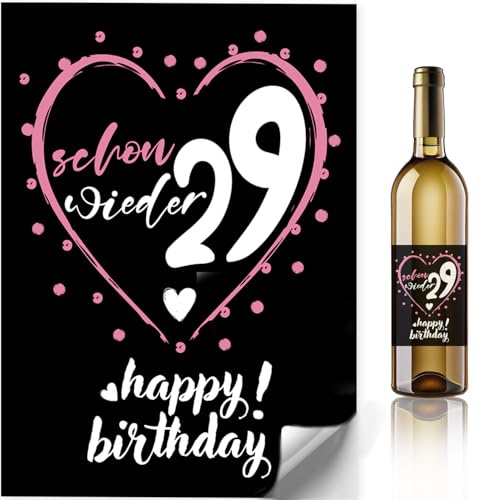 Schon wieder 29 Flaschenetiketten Geburtstag 2 Stück – Witzige selbstklebende Aufkleber für Wein Sekt Bier – originelle Geschenkidee Frau – lustige Deko – Herz Design – ideale Geburtstagsüberraschung