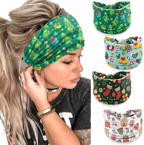 BelleFlair 4 Stück Weihnachts Haarbänder für Damen, Festlicher Kopfschmuck mit Schneeflocke Santa Schneemann Motiven, Breit Haarband, Lustiger Haarschmuck und Xmas Accessoires zu Weihnachten