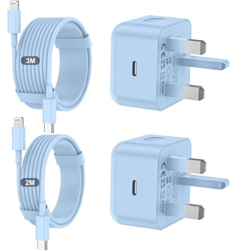 iPhone Charger Fast Charge 20W PD Fast for Apple Charger UK USB C Plug With 2M&3M iPhone Fast Charger Cable [ MFi Certified] Lightning Cable for iPhone 14 13 12 11 Pro Max, iPad (Blue, 2Packs)