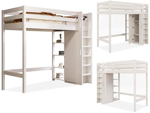 Kinderbett Hochbett 90x200 cm Weiß mit Kleiderschrank | Etagenbett mit 6 Regalen & Schreibtisch unter dem Bett | Hochbett, EN 747-1 zertifiziert & kippsicher | Loftbett aus Massivholz(ohne Matratze)