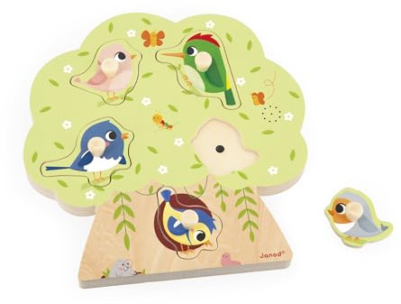 Janod – Holz-Puzzle mit Geräuschen Vögel – 5 Teile, die Vogelgeräusche auslösen – Fördert die Motorik und das Gehör – Ab 18 Monaten, Vogel