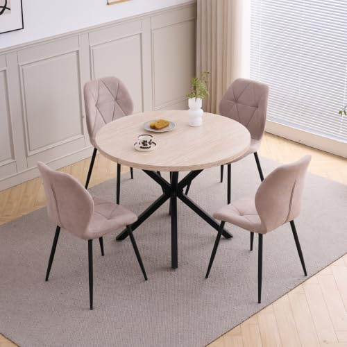 HJhomeheart Esstisch und Stuhlset, 100 cm Runder Esstisch und 4 Moderne Leinenstühle, für Esszimmer, Küche, Wohnzimmer (Gelber Travertin + Khaki)