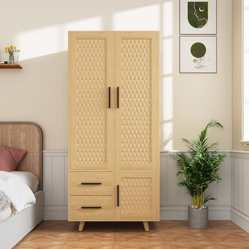 Armario Armario Armario Dormitorio de Ratán, Armarios Cannage de Madera, Armario Vestidor con 2 Puertas y 2 Cajones y 1 Barra de Prenda, Ratán Gabinetes de Almacenamiento Dormitorio Estilo Natural