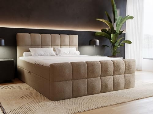 GRAINGOLD Alicante Bett, Boxspringbett mit Bettkasten, Polsterbett mit Bonell-Matratze, Bouclé-Stoff, mit Topper, mit Kopfteil (Braun, 140x200)