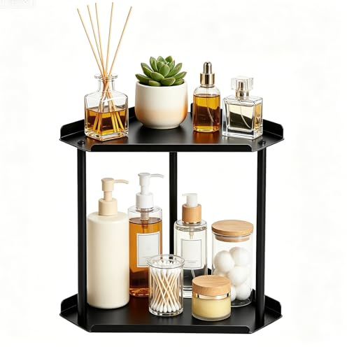 Minicoco 2 Tier Corner Shelf Metal Counter Organizer, Metal Vanity Tray Skincare Makeup Storage Shelf, Cosmetic Perfume Display Stand Spice Rack for Bathroom Dresser Kitchen Bedroom