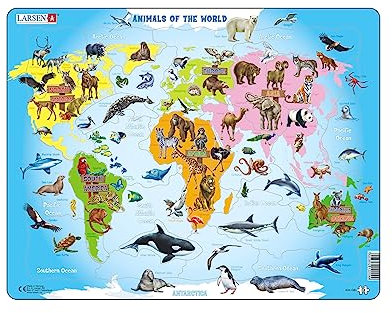 Larsen A34 Animals of the World Jigsaw for Kids Age 4+ | 28 Pieces | Educational Animal Puzzle | Boxless Tray & Frame | Fun Learning Toy for Boys & Girls | English Edition