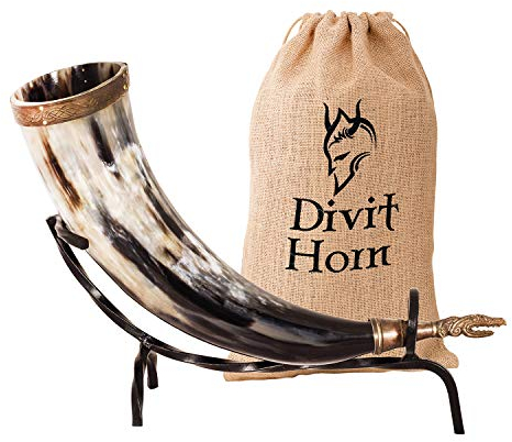 Corne à boire Viking avec support en fer véritable Divit | Ornements en laiton et sac-cadeau en toile de jute inclus | Corne de 13 ’’ et capacité de 16 oz (400 ml) | L'original. (Dragon, Polished)