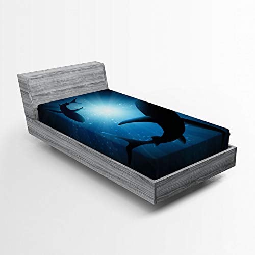 ABAKUHAUS Hai Spannbetttuch, Fisch Silhouetten Schwimmen, Soft Dekorativer Stoff Bettwäsche Rund-um Elastischer Gummizug, 90 x 200 cm, Dunkelblau