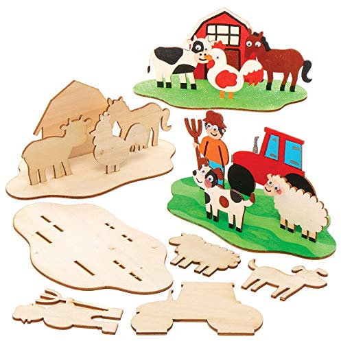 Baker Ross AX101 Erstellen Sie Ihren eigenen Bauernhof aus Holz, 3D-Szene, Holzbastelbausätze für Kinder, Kunst- und Bastelprojekte (4 Stück), verschieden, Mittel