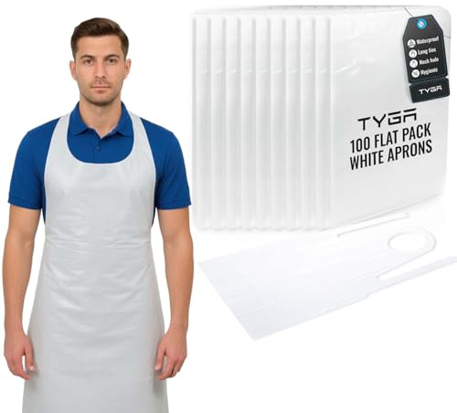 TYGA Disposable Polythene Aprons, White, Flat Pack, Pack of 1000 | Lightweight Waterproof Design, Use For Cleaning, Kitchen & Daily Work, Single-Use Aprons, Easy To Wear & Remove, Comfortable