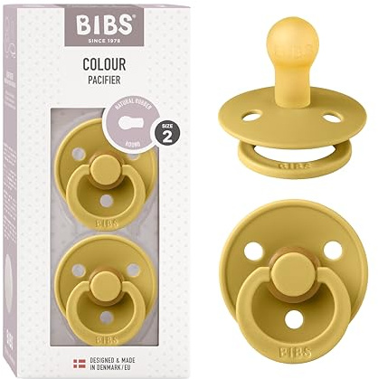 BIBS Colour Soother 2-Pack, BPA Free Dummy Pacifier, Round Nipple. Natural Rubber Latex, Size 2 (6-18 Months), Mustard/Mustard