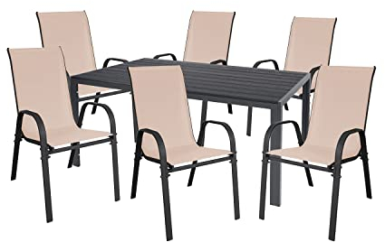 Mojawo Hochwertige Gartengarnitur 7-teilig Gartentisch 150x80cm Anthrazit Aluminium/Kunstholz Schwarz + 6 Stapelstühle Stahl Textilen Beige