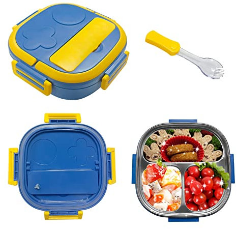 ULEMONDEE Bento Box Kinder,Brotdose Kindergarten,Kindergarten Brotdose Jungen,Jausenbox Kinder Mit 3 Unterteilung,brotdose schule jungen (blau)