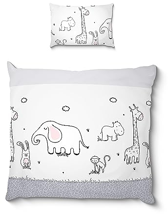 Koru Kids® Zoo Baby Bettwäsche 80x80 cm – 2-teiliges Set mit Kissenbezug 35x40 cm – für Kinderwagen Stubenwagen – 100% Baumwolle – zum Wenden – Oeko-TEX - Babybettwäsche - bis 60 Grad waschbar