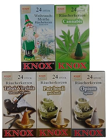 Knox XL Sparpack Räucherkerzen- Weihrauch Myrrhe + Cannabis+Tabak Virginia+Patchouli+Opium/Größe M/Inhalt pro Schachtel 24 Räucherkegel/Duftkegel