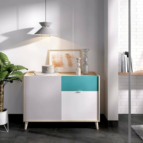 Dmora - Buffet Mitchell, Buffet de Salon, Buffet de Salon Moderne avec 2 Portes, 105x43h75 cm, Blanc et Chêne