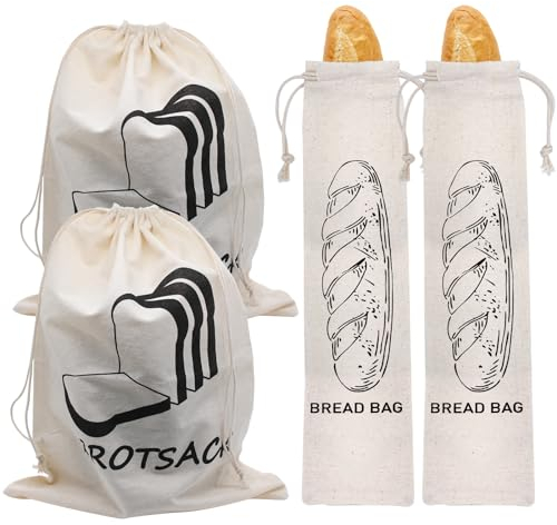 AIMEKE 4 Stück Brotbeutel Leinen Brotsack Wiederverwendbar Brottasche mit Kordelzug für Brot Obst Gemüse (29 × 38,5cm/ 14,4 × 65cm)