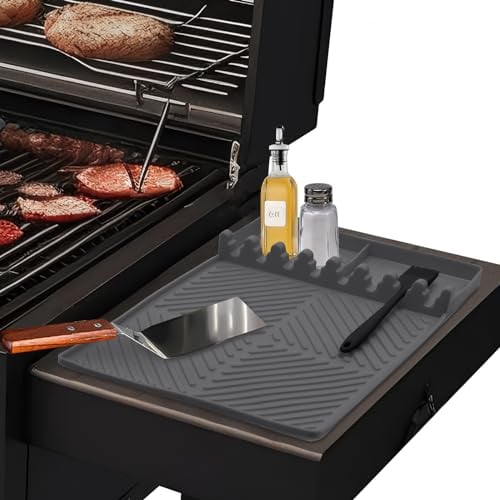 Yiomxhi BBQ Tappetini per Grill Barbecue e Tavoli a Lato, Tappetino Spatola in Silicone, Portautensili per Griglia Drenante per Cucine, Stufa e Griglia a Gas, Grigio