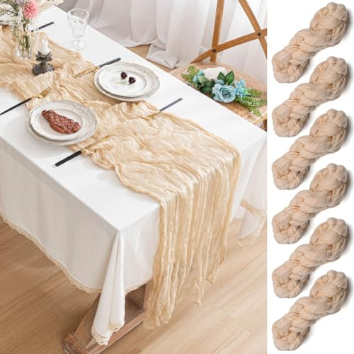 SXUUXB 6 Stück Beige Tischläufer Boho Gaze, 90 x 300cm Musselin Waschbar Table Runner, Käsetuch Tischdeko, Tischdecke Dekoration für Babyparty, Hochzeit, Brautparty, Gartenparty