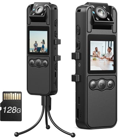 BOBLOV A26 Mini Body Camera 128GB with Rotation Lens, Tripod, 1080P Small Body Cam with Night Vision, 6Hrs Video Recording, Personal Body Worn Camera for Service, Delivery Recording, Collect Evidence