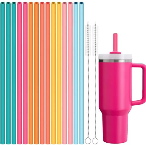Tomorotec 15 Stück wiederverwendbare Silikonstrohhalme, 31 cm lang, mit 2 Reinigungsbürsten, passend für Stanley Cup 40oz, 30oz, 20oz, BPA-frei, spülmaschinenfest, zahnschonend.(Flamingo)