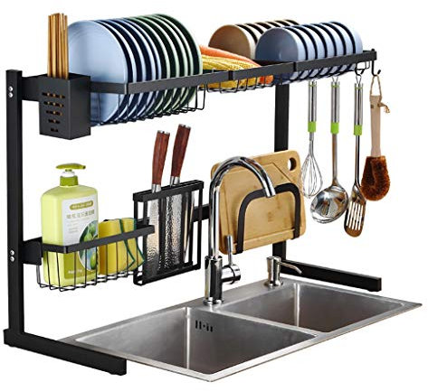 PPSMFAMZ Estante flotante para secar platos, estante escurridor para suministros de cocina, organizador de utensilios, soporte de acero inoxidable, ahorra espacio, resistente al óxido, estante estable