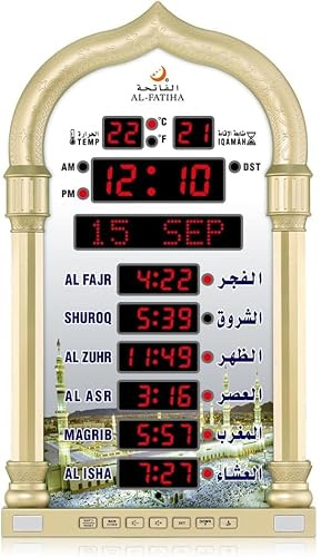 Telawah Azan Uhr, Athan Wanduhr, LED muslimische Gebetsuhr, Lesen Haus/Büro/Moschee Digital Azan Uhr Home Decor (Gold)