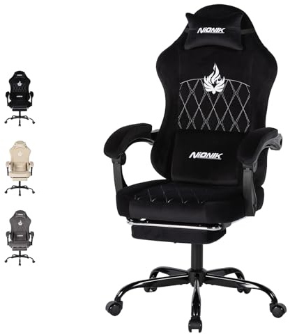 NIONIK Fauteuil de Jeu, Fauteuil d'ordinateur, Ergonomique, avec Repose-Pieds, Appui-tête réglable, Soutien Lombaire avec Fonction Massage, Rembourrage Moelleux, capacité de Charge de 150kg Noir