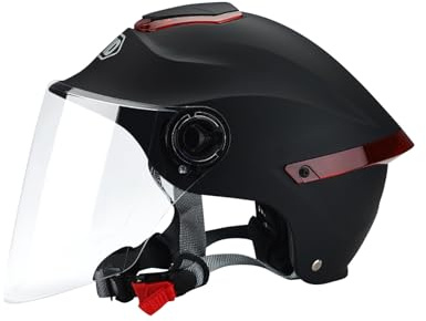 BOSERMEM Casque Ouvert Classique, Demi-Casque avec Visière, Tour De Tête Ajustable, Coque en 709abs Combinée à Un Rembourrage Eps(Noir Mat,Visière Transparente)