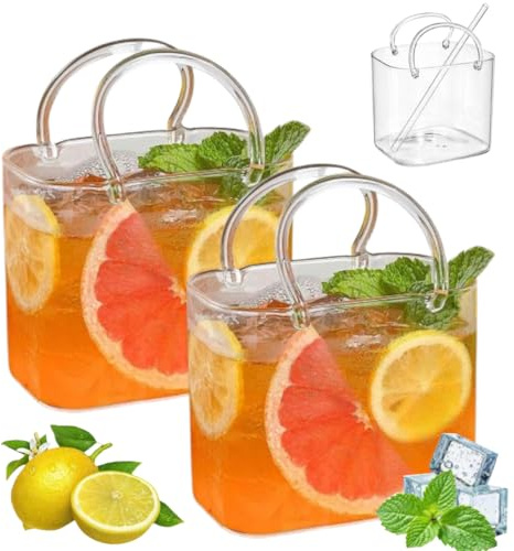 Crazyview Glass Purse for Drinks, Unique Transparent Handbag Wine Glasses, Purse Drinking Glass, Creative Bag Shape Cup for Cocktails, Juice, Gifts for Women, Party Bar Decor & Flower Vase (2pcs)