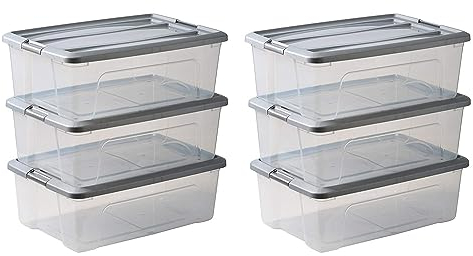 Iris Ohyama Aufbewahrungsboxen mit Deckel, 30L, 6er-Set, Silber, Sicherer Verschluss, Stapelbar, Griffe, Schlafzimmer, Schrank, Büro, Organisation, BPA-freies Plastik, Ordnungsboxen, NTB-30