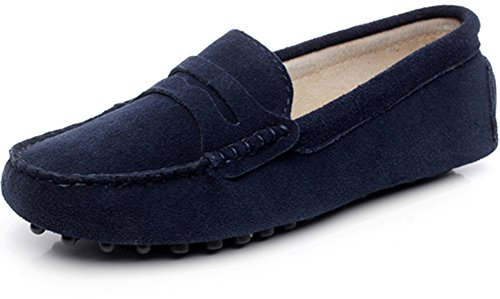 Jamron Femmes Classique Daim Penny Loafers Confortable Fait Main Pantoufle Mocassins Bleu Marin 24208 EU40