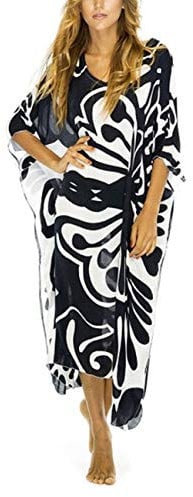 Bsubseach Women Black Print Batwing Sleeve Kaftan Beach Dress Loose V Neck Bathing Suit Cover Up Beachwear