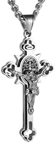 HZMAN Saint Benedict Kreuz Halskette für Männer Edelstahl INRI Kruzifix Kreuz Anhänger Halskette Schmuck Geschenk (Groß Silber)